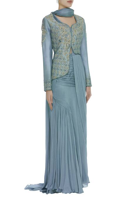 Nitika Kanodia Gupta Blue Chanderi, Georgette Embroidered Leaf Dori Jacket With Pre-draped Saree Online at Aza Fashions Nitika Kanodia Gupta_Blue Chanderi, Georgette Embroidered Leaf Dori Jacket With Pre-draped Saree_Online_at_Aza_Fashions
