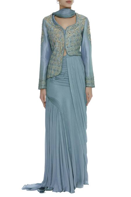 Buy Nitika Kanodia Gupta Blue Chanderi, Georgette Embroidered Leaf Dori Jacket With Pre-draped Saree Online at Aza Fashions Buy_Nitika Kanodia Gupta_Blue Chanderi, Georgette Embroidered Leaf Dori Jacket With Pre-draped Saree_Online_at_Aza_Fashions
