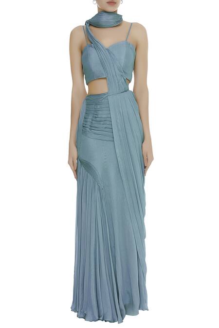 Shop Nitika Kanodia Gupta Blue Chanderi, Georgette Embroidered Leaf Dori Jacket With Pre-draped Saree Online at Aza Fashions Shop_Nitika Kanodia Gupta_Blue Chanderi, Georgette Embroidered Leaf Dori Jacket With Pre-draped Saree_Online_at_Aza_Fashions