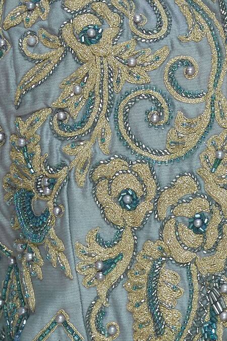 Nitika Kanodia Gupta Blue Chanderi, Georgette Embroidered Leaf Dori Jacket With Pre-draped Saree at Aza Fashions Nitika Kanodia Gupta_Blue Chanderi, Georgette Embroidered Leaf Dori Jacket With Pre-draped Saree_at_Aza_Fashions