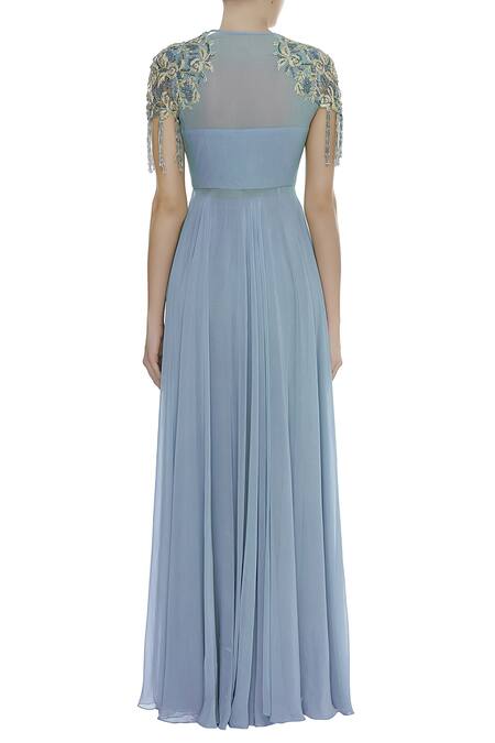 Shop Nitika Kanodia Gupta Blue Asymmetric Embellished Draped Blouse With Pant at Aza Fashions Shop_Nitika Kanodia Gupta_Blue Asymmetric Embellished Draped Blouse With Pant_at_Aza_Fashions