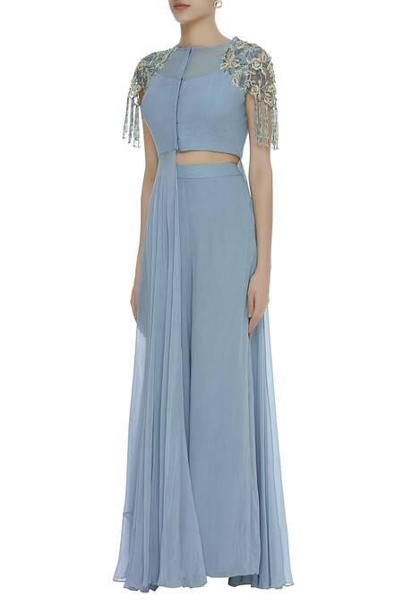 Nitika Kanodia Gupta Blue Asymmetric Embellished Draped Blouse With Pant Online at Aza Fashions Nitika Kanodia Gupta_Blue Asymmetric Embellished Draped Blouse With Pant_Online_at_Aza_Fashions