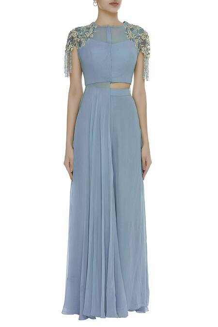 Buy Nitika Kanodia Gupta Blue Asymmetric Embellished Draped Blouse With Pant Online at Aza Fashions Buy_Nitika Kanodia Gupta_Blue Asymmetric Embellished Draped Blouse With Pant_Online_at_Aza_Fashions