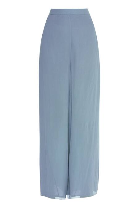 Shop Nitika Kanodia Gupta Blue Asymmetric Embellished Draped Blouse With Pant Online at Aza Fashions Shop_Nitika Kanodia Gupta_Blue Asymmetric Embellished Draped Blouse With Pant_Online_at_Aza_Fashions