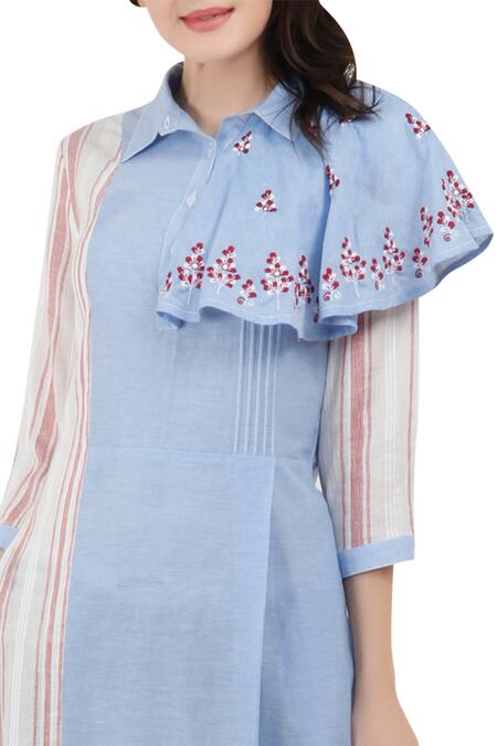 S & V Designs_Blue Cotton Embroidered Spread Collar Panel Midi Dress_Online_at_Aza_Fashions