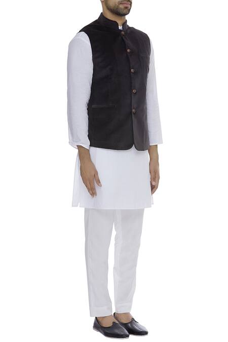Vikram Bajaj_Grey Cotton Velvet Solid Sleeveless Nehru Jacket With Front Pockets_Online_at_Aza_Fashions