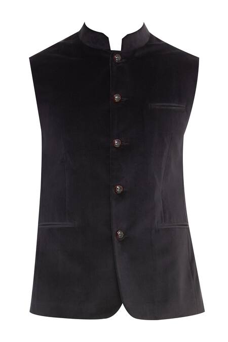 Buy_Vikram Bajaj_Grey Cotton Velvet Solid Sleeveless Nehru Jacket With Front Pockets_Online_at_Aza_Fashions