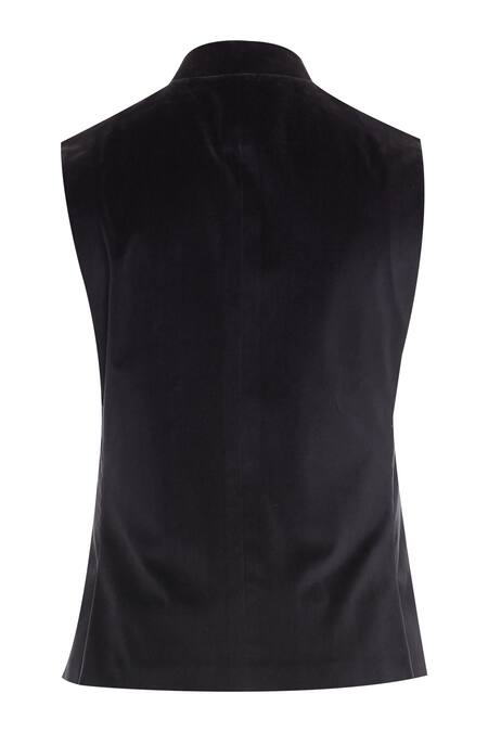Shop_Vikram Bajaj_Grey Cotton Velvet Solid Sleeveless Nehru Jacket With Front Pockets_Online_at_Aza_Fashions