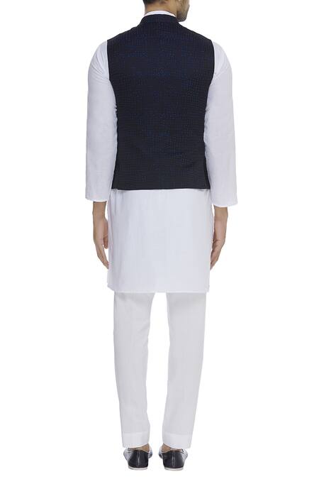 Shop Vikram Bajaj Black Silk Embroidered Thread Asymmetric Sleeveless Nehru Jacket at Aza Fashions Shop_Vikram Bajaj_Black Silk Embroidered Thread Asymmetric Sleeveless Nehru Jacket_at_Aza_Fashions