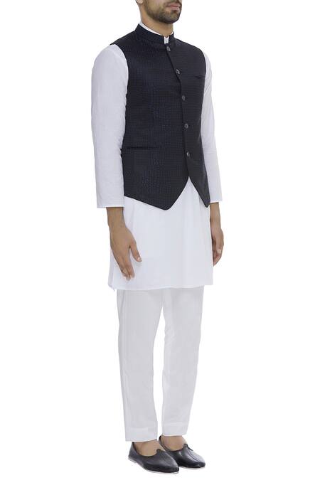 Vikram Bajaj Black Silk Embroidered Thread Asymmetric Sleeveless Nehru Jacket Online at Aza Fashions Vikram Bajaj_Black Silk Embroidered Thread Asymmetric Sleeveless Nehru Jacket_Online_at_Aza_Fashions