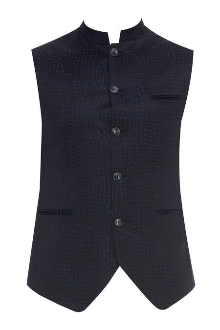 Buy Vikram Bajaj Black Silk Embroidered Thread Asymmetric Sleeveless Nehru Jacket Online at Aza Fashions Buy_Vikram Bajaj_Black Silk Embroidered Thread Asymmetric Sleeveless Nehru Jacket_Online_at_Aza_Fashions