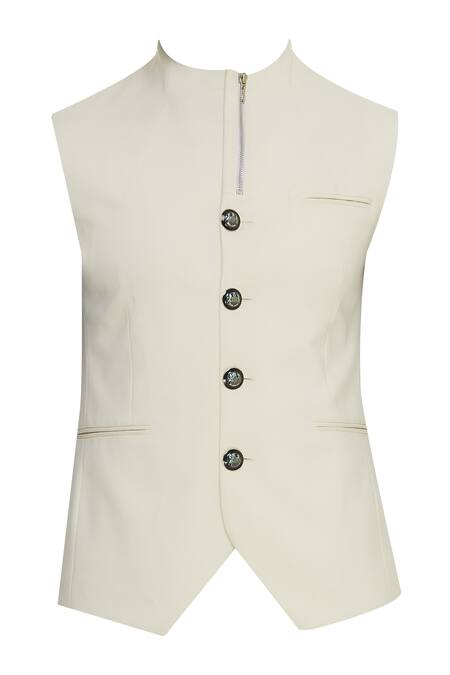 Buy_Vikram Bajaj_White Cotton Solid Zipper Detailed Nehru Jacket_Online_at_Aza_Fashions