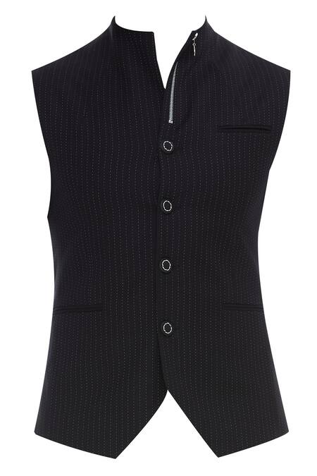 Buy_Vikram Bajaj_Blue Cotton Textured Nehru Jacket With Zipper Detail_Online_at_Aza_Fashions