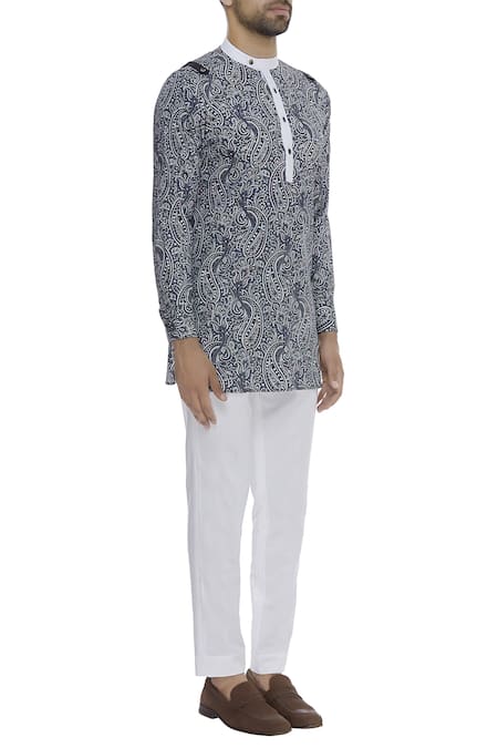 Vikram Bajaj_White Cotton Printed Paisley Kurta With Pant_Online_at_Aza_Fashions