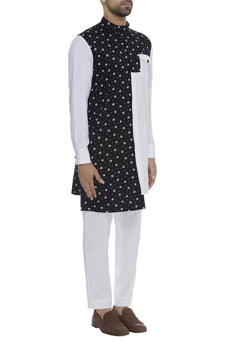 Vikram Bajaj_Blue Cotton Printed Asymmetric Kurta Set_Online_at_Aza_Fashions