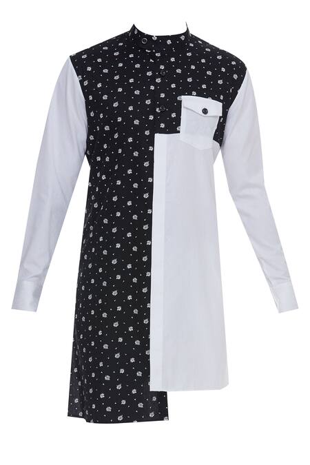 Shop_Vikram Bajaj_Blue Cotton Printed Asymmetric Kurta Set_Online_at_Aza_Fashions