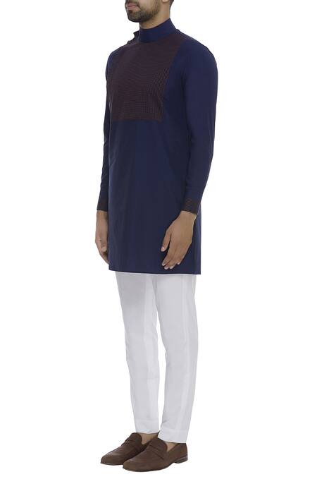Buy_Vikram Bajaj_Blue Cotton Paneled Kurta With Pant_Online_at_Aza_Fashions