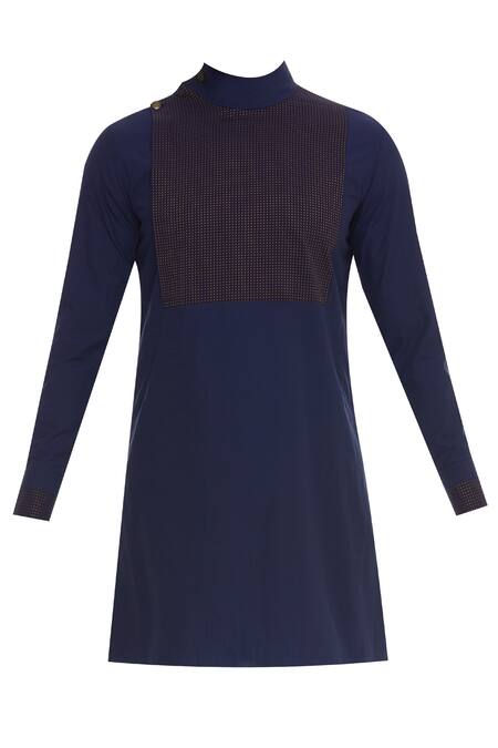 Shop_Vikram Bajaj_Blue Cotton Paneled Kurta With Pant_Online_at_Aza_Fashions