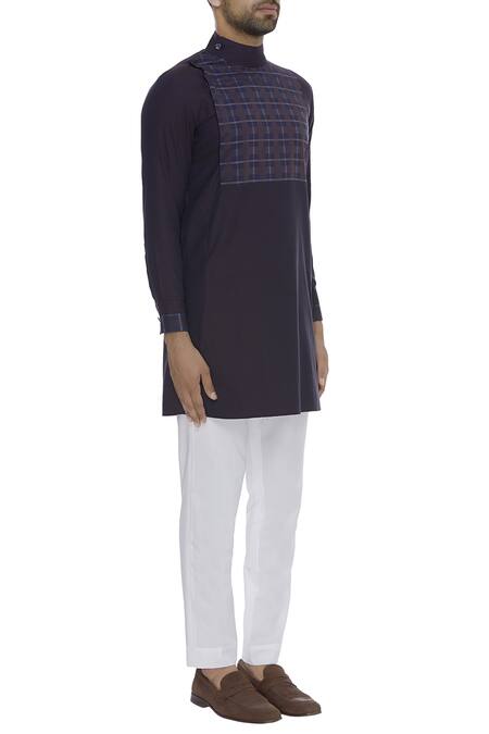 Vikram Bajaj_Blue Cotton Checkered Paneled Kurta With Pant_Online_at_Aza_Fashions