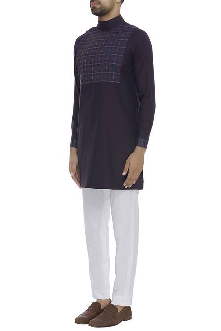 Buy_Vikram Bajaj_Blue Cotton Checkered Paneled Kurta With Pant_Online_at_Aza_Fashions