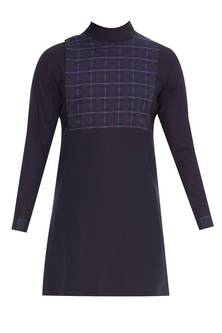 Shop_Vikram Bajaj_Blue Cotton Checkered Paneled Kurta With Pant_Online_at_Aza_Fashions