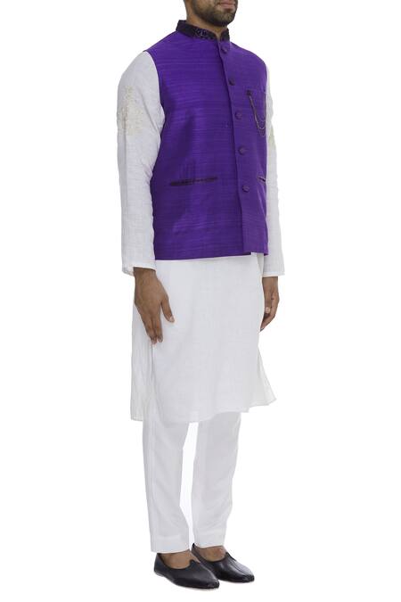 Bhusattva_Blue Nehru Jacket With Metal Chain Brooch_Online_at_Aza_Fashions