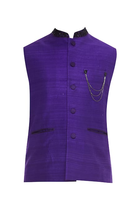 Buy_Bhusattva_Blue Nehru Jacket With Metal Chain Brooch_Online_at_Aza_Fashions