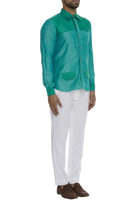 Bhusattva_Green Front Pocket Collared Shirt _Online_at_Aza_Fashions