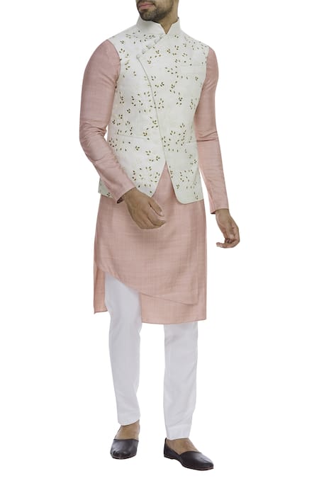 Dhruv Vaish White Raw Silk Embroidered Nehru Jacket  