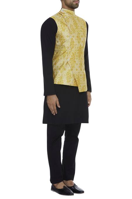 Dhruv Vaish Yellow Silk Printed Asymmetric Nehru Jacket Online at Aza Fashions Dhruv Vaish_Yellow Silk Printed Asymmetric Nehru Jacket_Online_at_Aza_Fashions