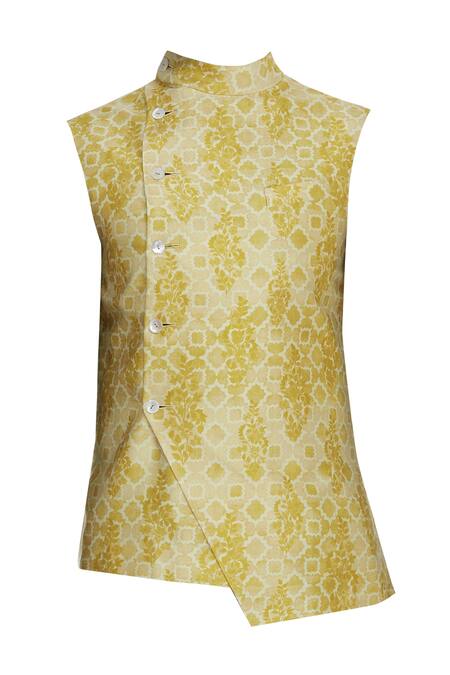 Buy Dhruv Vaish Yellow Silk Printed Asymmetric Nehru Jacket Online at Aza Fashions Buy_Dhruv Vaish_Yellow Silk Printed Asymmetric Nehru Jacket_Online_at_Aza_Fashions