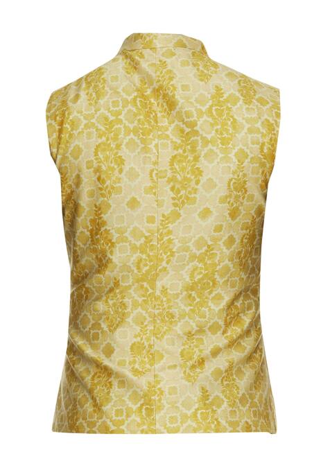Shop Dhruv Vaish Yellow Silk Printed Asymmetric Nehru Jacket Online at Aza Fashions Shop_Dhruv Vaish_Yellow Silk Printed Asymmetric Nehru Jacket_Online_at_Aza_Fashions