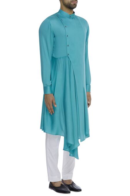 Dhruv Vaish_Blue Draped Asymmetric Kurta_Online_at_Aza_Fashions