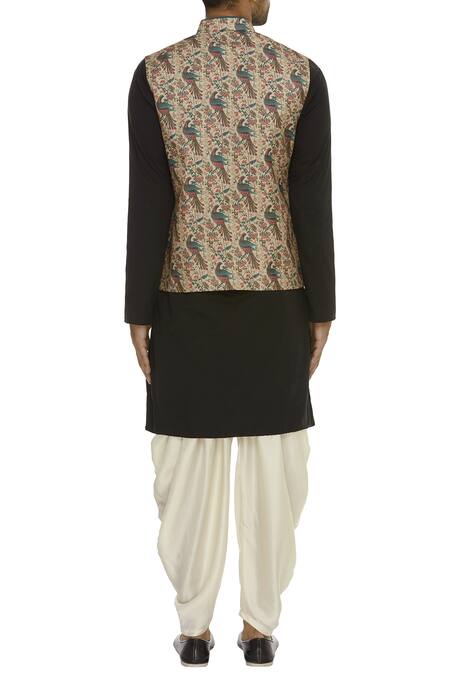 Shop_Devanshi Didwania_Gold Peacock Print Nehru Jacket_at_Aza_Fashions