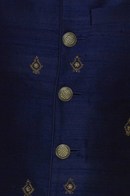 Vanshik_Blue Raw Silk Embroidery Zari Bandi With Kurta And Trouser _at_Aza_Fashions