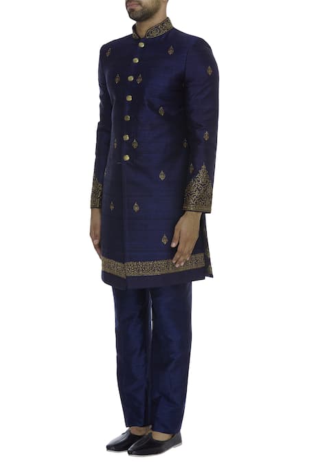 Vanshik_Blue Raw Silk Hand Embroidered Sherwani With Pant _Online_at_Aza_Fashions