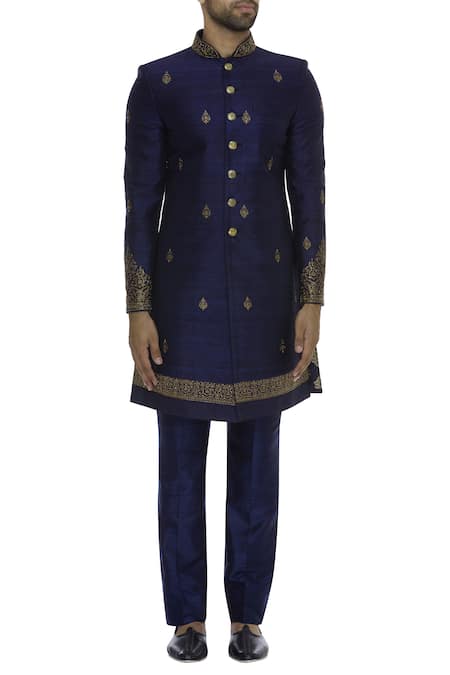 Buy_Vanshik_Blue Raw Silk Hand Embroidered Sherwani With Pant _Online_at_Aza_Fashions