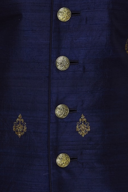 Vanshik_Blue Raw Silk Hand Embroidered Sherwani With Pant _at_Aza_Fashions