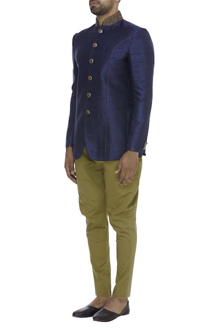 Vanshik_Blue Matka Silk Embroidery Zari And Sequins Bandhgala With Trouser _Online_at_Aza_Fashions