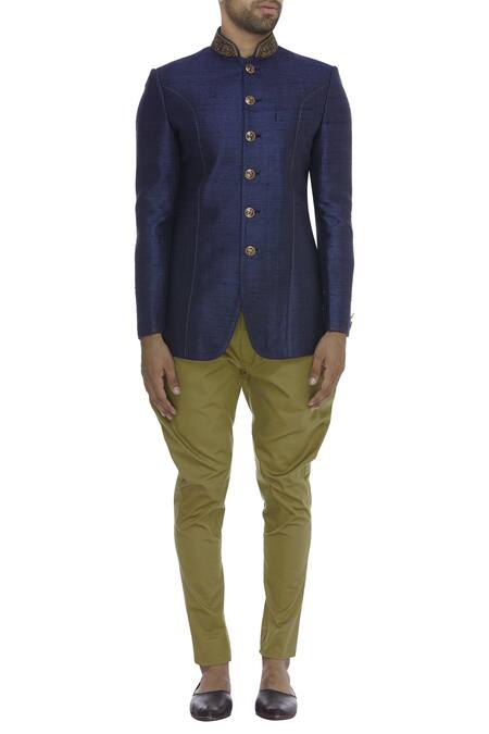 Buy_Vanshik_Blue Matka Silk Embroidery Zari And Sequins Bandhgala With Trouser _Online_at_Aza_Fashions