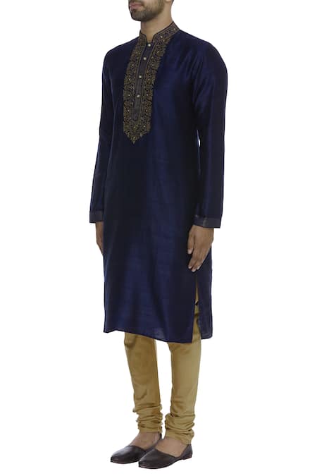 Vanshik_Blue Raw Silk Zari Hand Embroidered Kurta With Churidar _Online_at_Aza_Fashions