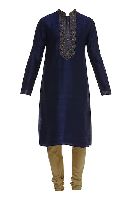 Buy_Vanshik_Blue Raw Silk Zari Hand Embroidered Kurta With Churidar _Online_at_Aza_Fashions