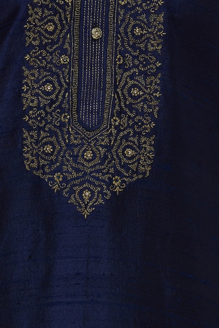Vanshik_Blue Raw Silk Zari Hand Embroidered Kurta With Churidar _at_Aza_Fashions