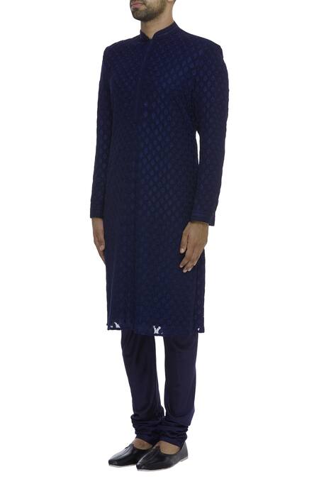Vanshik_Blue Georgette Embroidered Flower Motif Resham Kurta With Churidar _Online_at_Aza_Fashions
