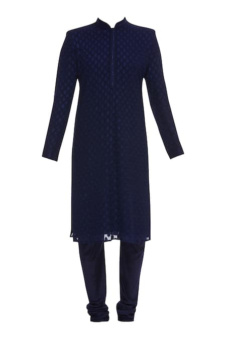 Buy_Vanshik_Blue Georgette Embroidered Flower Motif Resham Kurta With Churidar _Online_at_Aza_Fashions