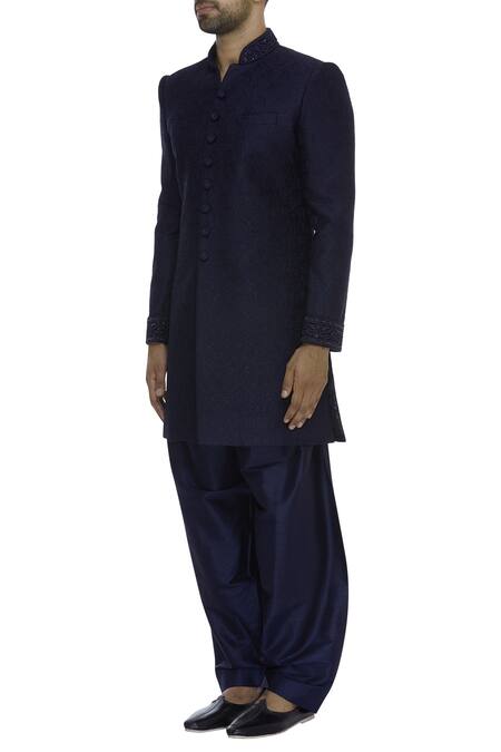 Vanshik_Blue Resham Embroidered Sherwani With Pyjama_Online_at_Aza_Fashions