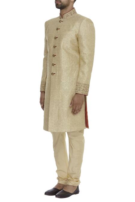 Vanshik_Cream Matka Silk Embroidery Resham Thread Zardozi Sherwani With Churidar _Online_at_Aza_Fashions