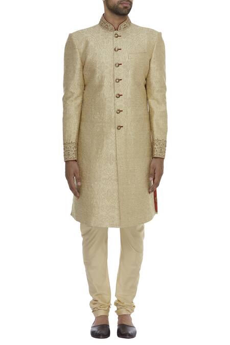 Buy_Vanshik_Cream Matka Silk Embroidery Resham Thread Zardozi Sherwani With Churidar _Online_at_Aza_Fashions