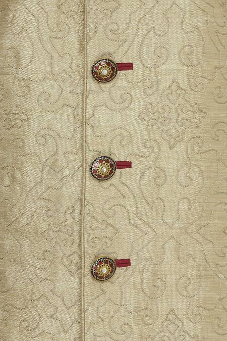 Vanshik_Cream Matka Silk Embroidery Resham Thread Zardozi Sherwani With Churidar _at_Aza_Fashions