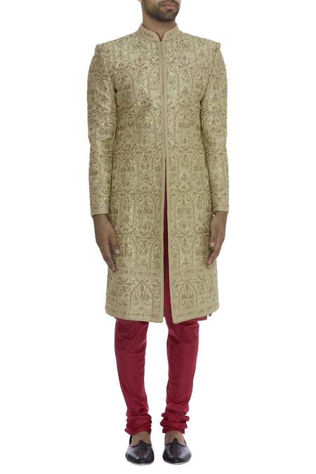 Vanshik_Cream Raw Silk Embroidery Resham Thread Work Sherwani Set _Online_at_Aza_Fashions